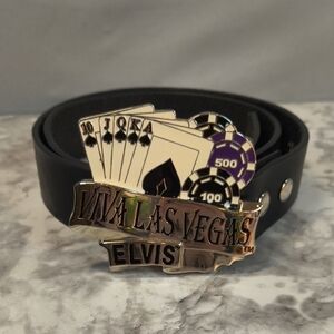 Hot Topic Leather ELVIS Black Belt with Viva Las Vegas Buckle , Size 34